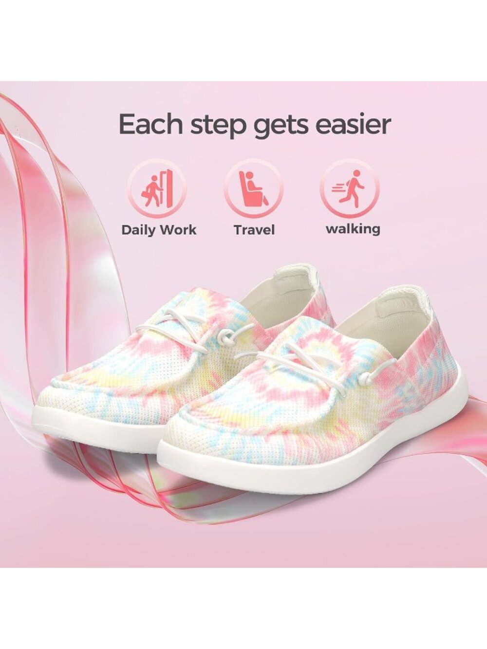 Women's Pink Tie Dye Knit Comfortable Slip On Lace Up Loafers Fashion Sneakers - Picture 6 of 7